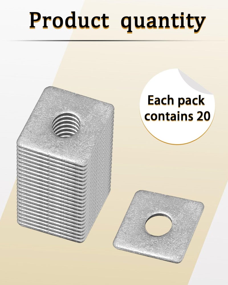 Axomize 9/16" Square Washer, Hot Dipped Galvanized Flat Pad Spacer for Square Nut Fastener Hardware, 20-Box (9/16" ID x 1-9/16" x 1-9/16" x 9/64") - Image 5